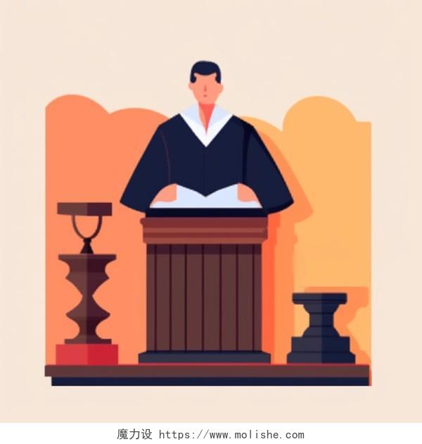 坐在法桌前的法官穿着法官长袍的法官站在讲台后面扁平